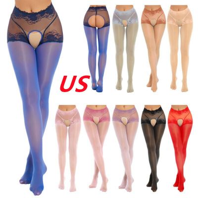 US Womens High Waist Tights Floral Lace Patchwork Pantyhose Silky Stockings